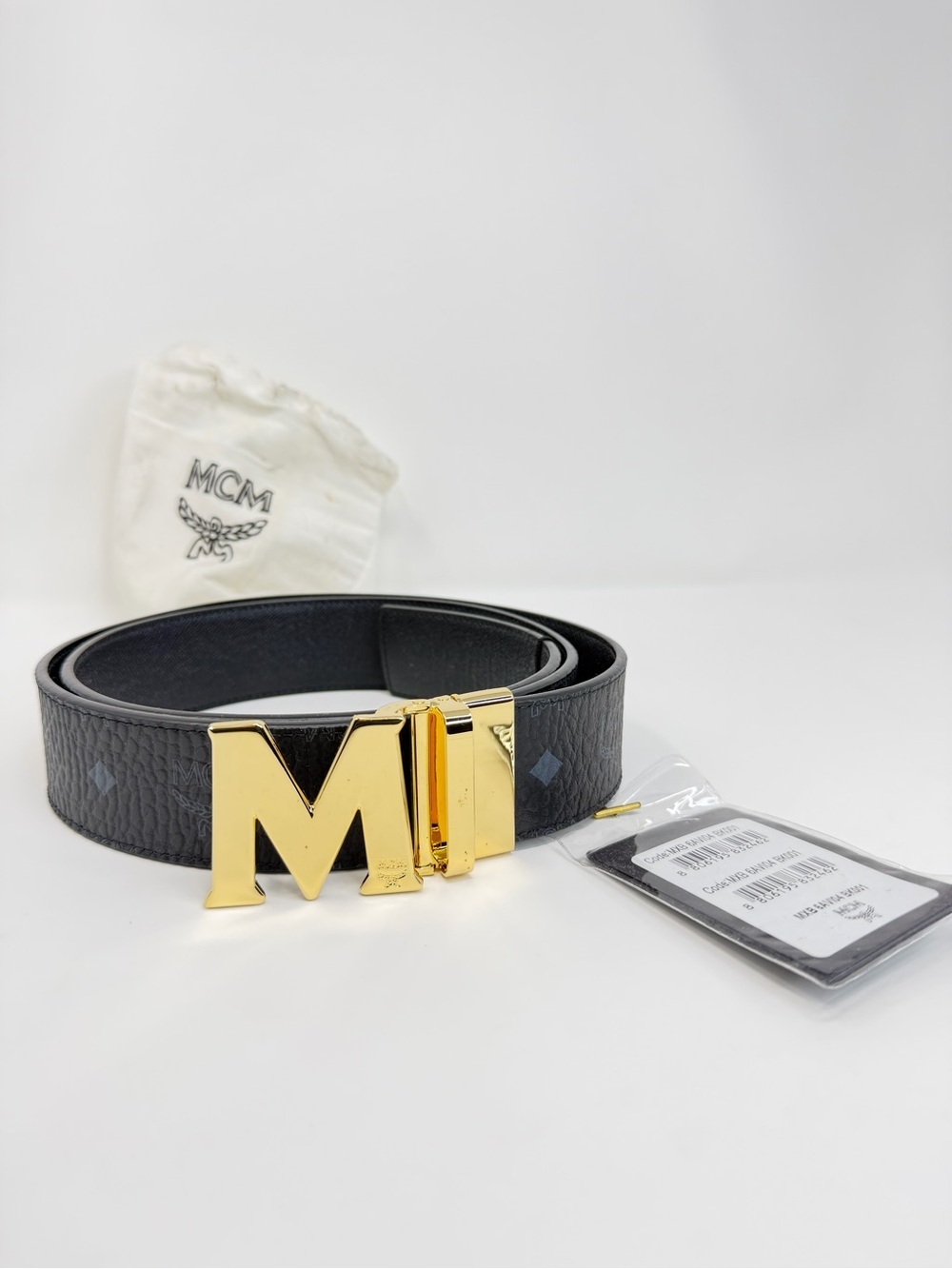 MCM Black Monogram Leather Belt with Gold M Buckle